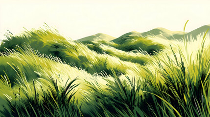 Wall Mural - Lush green hills with swaying grass under soft sunlight.