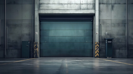 Sticker - Industrial garage with a large closed door and minimal surroundings.