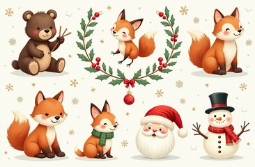 Christmas collection with cute animals: bear, fox, squirrel, bird, Santa Claus, Snowman and christmas decorative elements	
