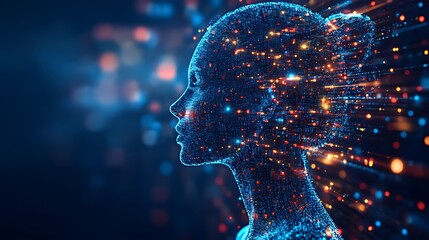 Abstract digital portrait of a woman made of particles and light.