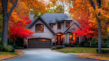 Poster - Charming autumn home surrounded by vibrant fall foliage.