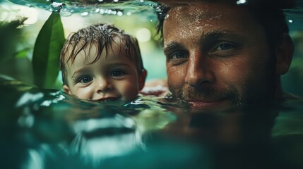 A father and his young child share a joyful moment swimming underwater, capturing the bonding experience between parent and child in a serene natural setting.