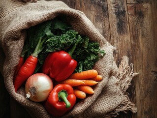 Fresh assortment of colorful vegetables in a burlap sack, perfect for healthy eating and cooking inspiration.