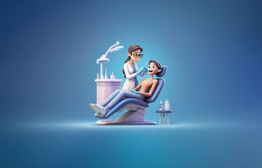 A 3D illustration of a dentist examining a patient in a dental chair.