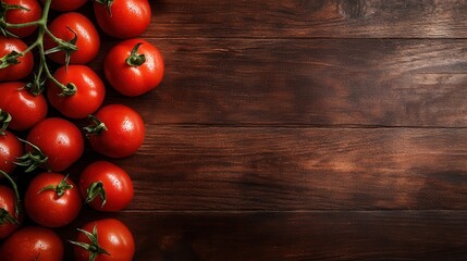 A close-up of vine tomatoes resting on a dark wooden surface, emphasizing their natural freshness and vivid red color, perfect for culinary and health themes.