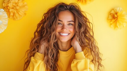 A joyous woman with loose curly hair smiles against a decorated yellow backdrop, showcasing a harmony of style, color, and cheerful ambiance in the composition.