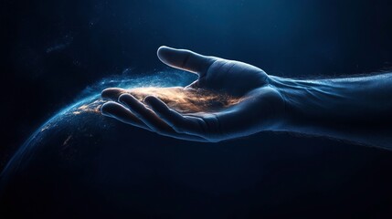 Wall Mural - dark cosmic scene featuring an extended hand gently cradling glowing particles resembling a small ga