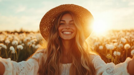 A joyful woman wearing a wide-brimmed hat smiles radiantly in a sunlit field of white flowers, capturing the essence of summer and happiness in nature.