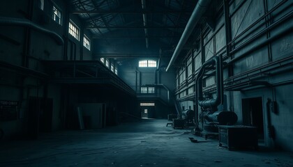 Abandoned industrial warehouse illuminated by sunlight during early morning