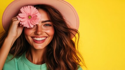 Wall Mural - A radiant woman laughs with a pink flower covering one eye, set against a vibrant yellow background, conveying joy, happiness, and youthful vibrancy.