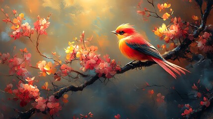 Wall Mural - A vibrant red bird perched on a branch with blooming pink flowers in a colorful sunset.