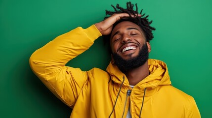 A joyful man with a bright smile and a yellow jacket stands against a green wall, embodying happiness, confidence, and vibrant positivity in a modern style.