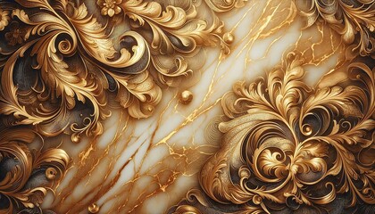 golden marble texture background with floral pattern