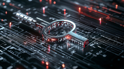 Search symbol on digital circuit board, futuristic design, dark background.