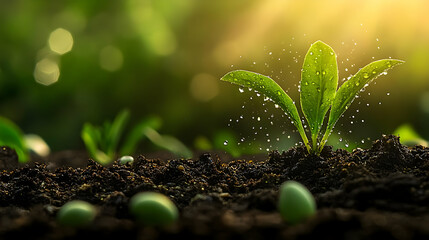 Canvas Print - A young plant sprouting in soil with water droplets glistening.