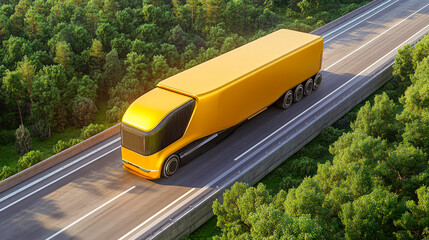 Aerial view of an yellow driverless semi-truck driving on the forest road.