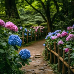 A serene pathway lined with vibrant hydrangeas in a lush garden, inviting relaxation and connection with nature.