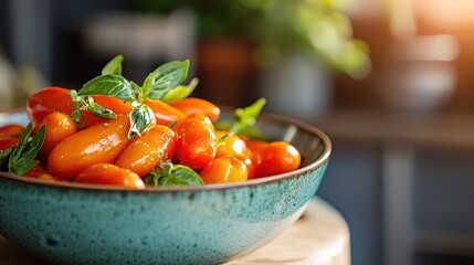 Wall Mural - a teal bowl filled with vibrant cherry tomatoes, arranged on a wooden table, with a soft focus backg