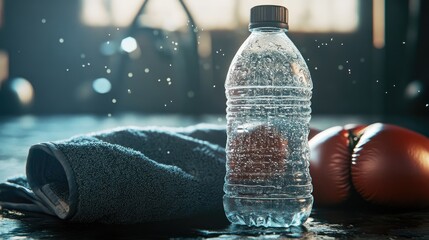 A close-up of a water bottle with condensation, set next to a gym towel and boxing gloves.