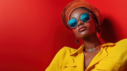 A stylish person showcases unique fashion sense with sunglasses against a vivid red background, embodying artistic expression and contemporary elegance.