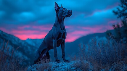 Poster - A black dog sits on a mountain peak, looking out at a breathtaking sunset.