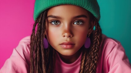 A detailed close-up of a young girl with detailed dreadlocks, styled with a green beanie and pink clothing, set against a colorful background for emphasis.