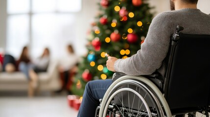 Poster - A person in a wheelchair decorating a Christmas tree with brightly colored ornaments, surrounded by family members in a warm, festive living room filled with holiday spirit 