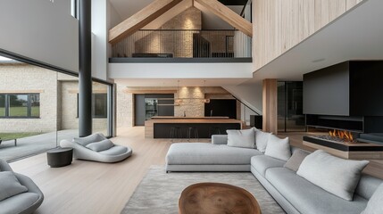 Poster - Modern open-plan living room with mezzanine, featuring large windows, sectional sofa, sleek fireplace, and minimalist kitchen with island and bar stools.