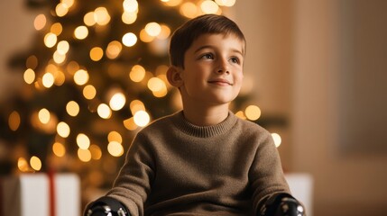 Wall Mural - Child with prosthetic legs joyfully opening presents under a beautifully lit Christmas tree, surrounded by family, embodying the warmth of the holiday season 