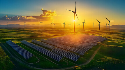 Wall Mural - Renewable energy landscape with wind turbines and solar panels.