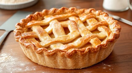 Sticker - Delicious pie with the Pi symbol cut into the crust, sitting on a wooden table surrounded by flour and baking tools, celebrating Pi Day with a fun mathematical twist 