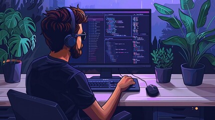 A focused programmer coding at night, surrounded by plants in a cozy modern workspace with vibrant colors. Generative AI