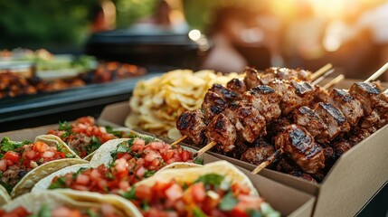 A close-up of grilled meat skewers and fresh tacos topped with vibrant salsa, set on an outdoor buffet table, radiating appetizing aroma in the sunlight.