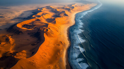 Canvas Print - Aerial view of golden sand dunes meeting the ocean.