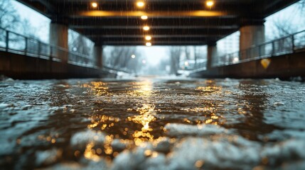 Moody shot underlit city bridge with reflections on the rippling river water captures urban life contrasts and tranquility in the gentle evening light of winter.