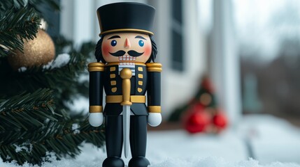 Wall Mural - Nutcracker figure in a bold black and gold uniform, holding a sword, with intricate details and rich colors, standing proudly on a snowy porch decorated for Christmas 