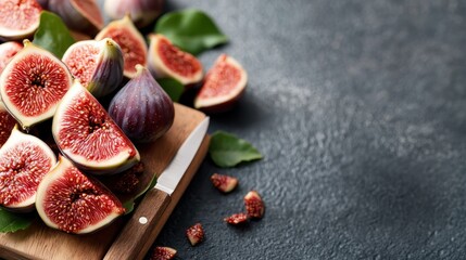 Ripe figs are elegantly sliced and arranged on a wooden cutting board with a knife and fresh fig leaves, capturing the essence of simple, natural beauty in food.