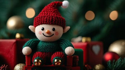 Poster - Playful elf with a wide smile, sitting on a toy train, dressed in a bright red and green outfit with tiny jingle bells on his shoes, surrounded by festive holiday decorations 