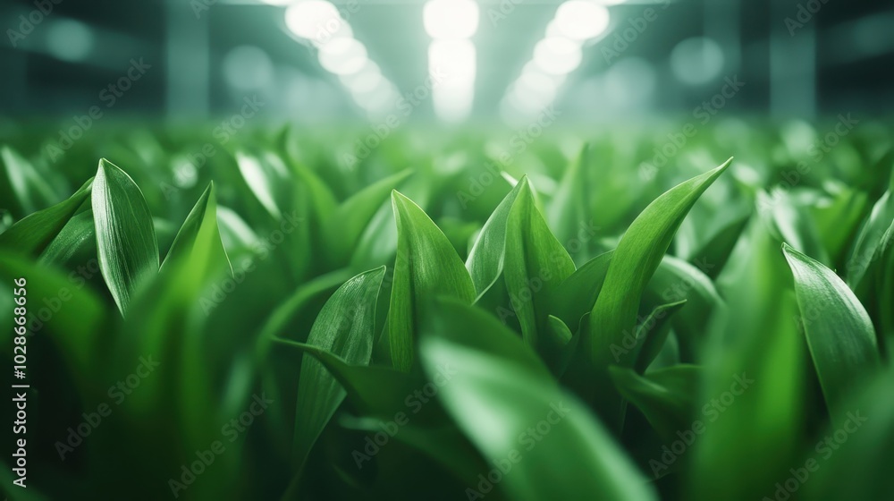 Plants thrive under artificial lighting in an indoor setting, showing ...