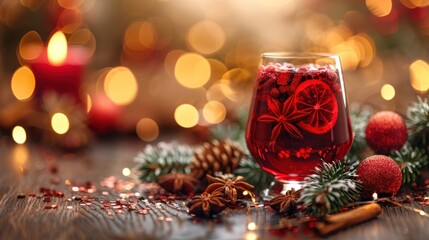 Wall Mural - A festive drink garnished with spices and fruits, set amidst twinkling lights during the holiday season. Generative AI