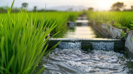 Sticker - Water flowing through a concrete channel in a rice paddy field