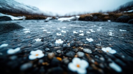 A mesmerizing view of a river flowing over stones, adorned with white flowers in bloom, creating a serene and soothing atmosphere of nature's beauty and grace.