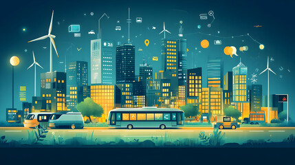 Poster - Futuristic cityscape with transport, technology, and green energy.