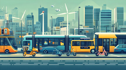 Urban scene showcasing various modes of transportation in a city.