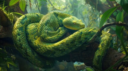 Green Snake Coiled Around Tree Branch in Rainforest