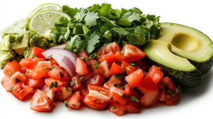 Ingredients for guacamole include chopped tomatoes, avocado slices, cilantro, and lime wedges, beautifully arranged to emphasize freshness and flavor for a delicious snack.