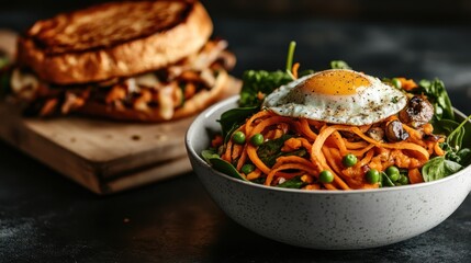 This mouthwatering image captures a delicious salad topped with a perfectly fried egg, along with colorful vegetables like carrots, peas, and mushrooms for a vibrant meal.