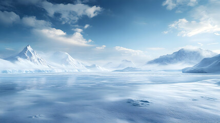 Wall Mural - Serene icy landscape with mountains and a calm sky.