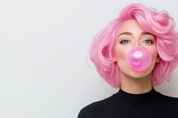 Wall Mural - Woman with pink hair is blowing bubbles. Concept of fun and playfulness. woman with pink hair blowing a huge bubble with pink bubblegum laughng giggly cute playful