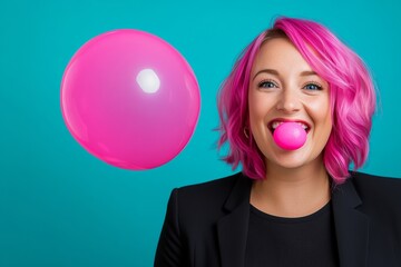 Canvas Print - Woman with pink hair is blowing bubbles. Concept of fun and playfulness. woman with pink hair blowing a huge bubble with pink bubblegum laughng giggly cute playful